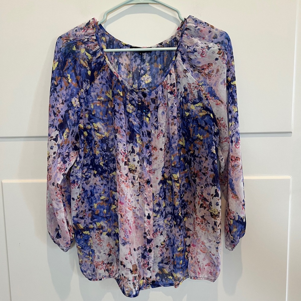 Violet & Claire‎ Floral Blouse Womens Large Long Sleeve Blue Purple Fairy Garden